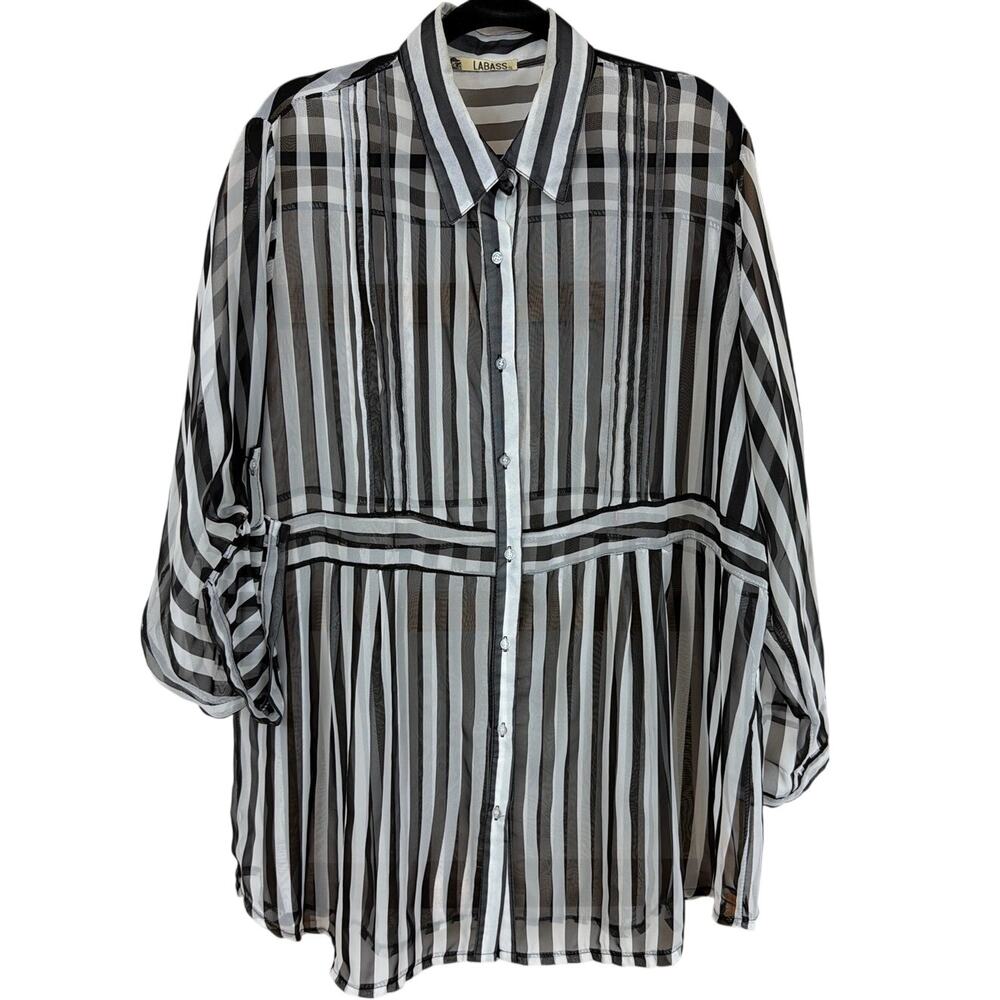 Labass Black White Striped Sheer Button Up Roll Tab Tunic Top 3X